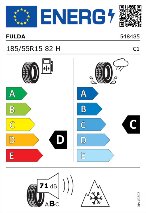 Tyre Label for Fulda MultiControl 185/55R15 82H