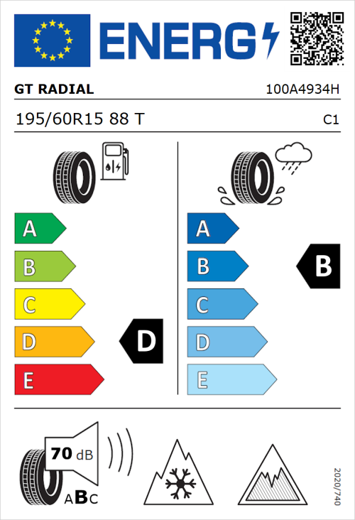 Tyre Label for GT Radial WinterPro 2 evo 195/60R15 88T