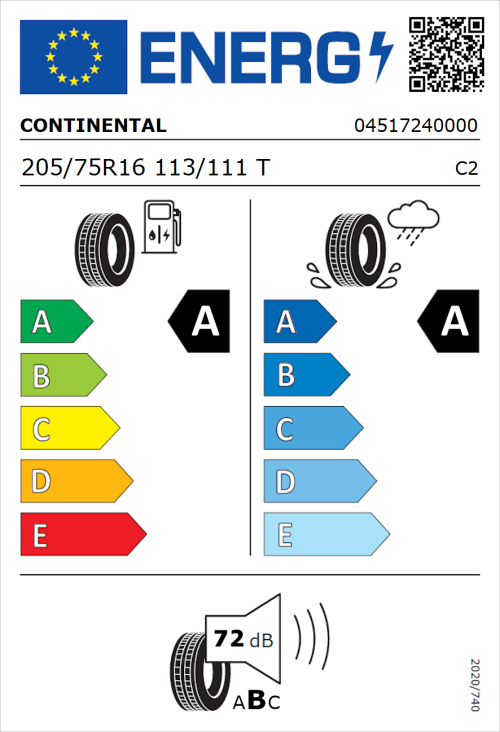 Tyre Label for Continental VanContact Eco 205/75R16 113/111T